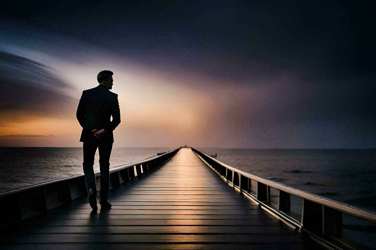 a man standing on a pier looking out to sea. AI-Generated photo