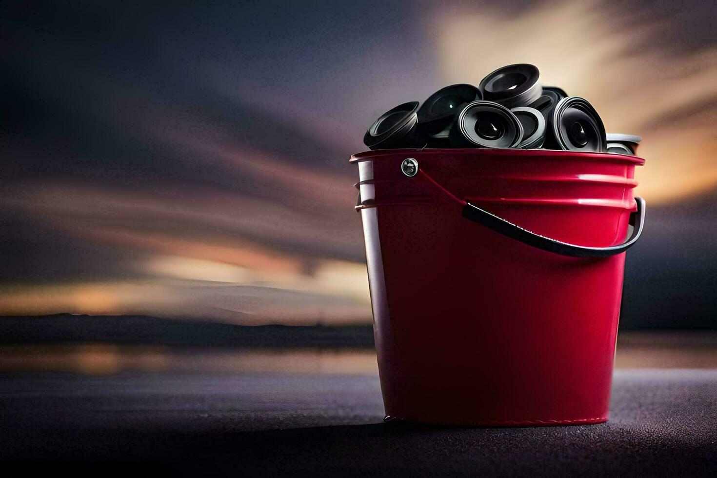 a red bucket filled with black rubber tires. AI-Generated photo