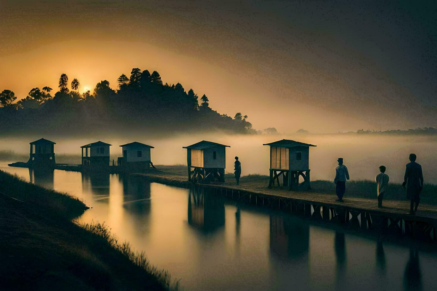 people stand on a dock at sunrise with fog in the background. AI-Generated photo