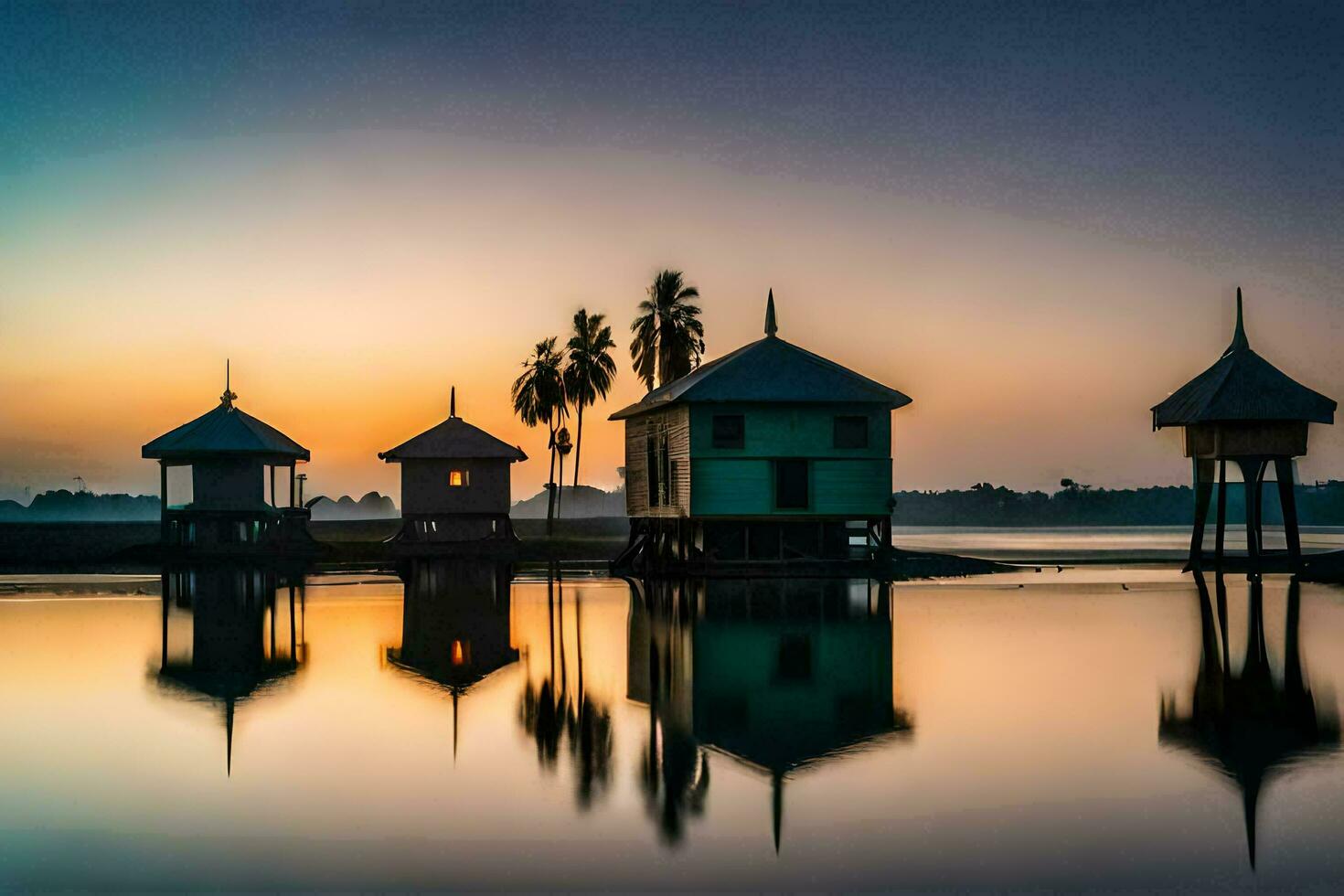 the sun sets over a lake with three small houses. AI-Generated photo