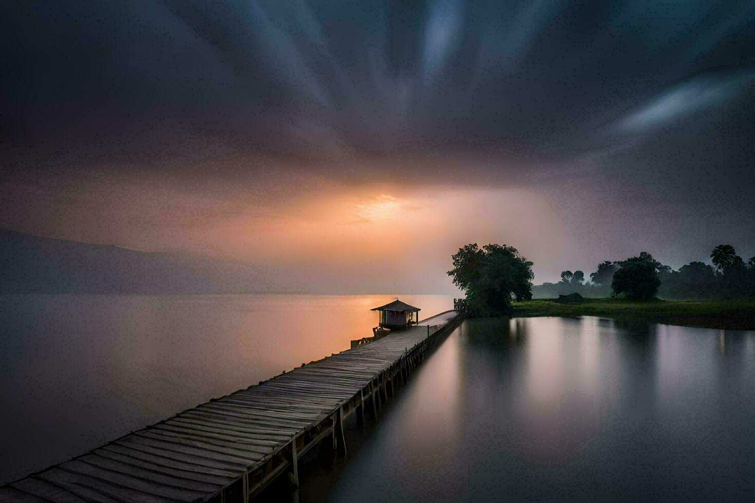 a long exposure photograph of a dock on a lake. AI-Generated photo