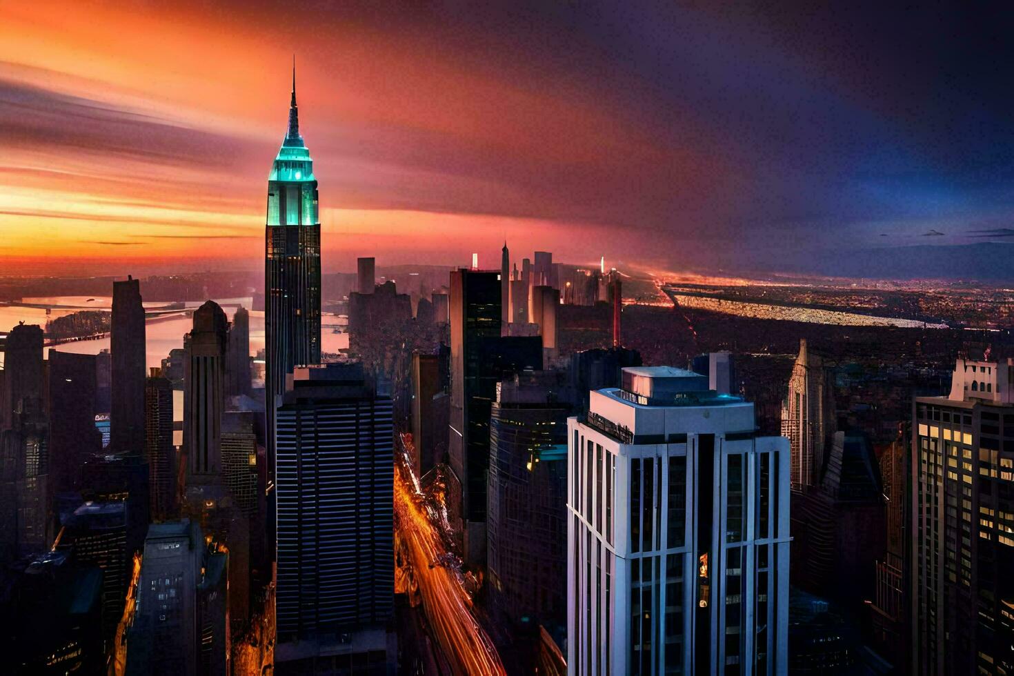 the empire state building is lit up at sunset. AI-Generated photo
