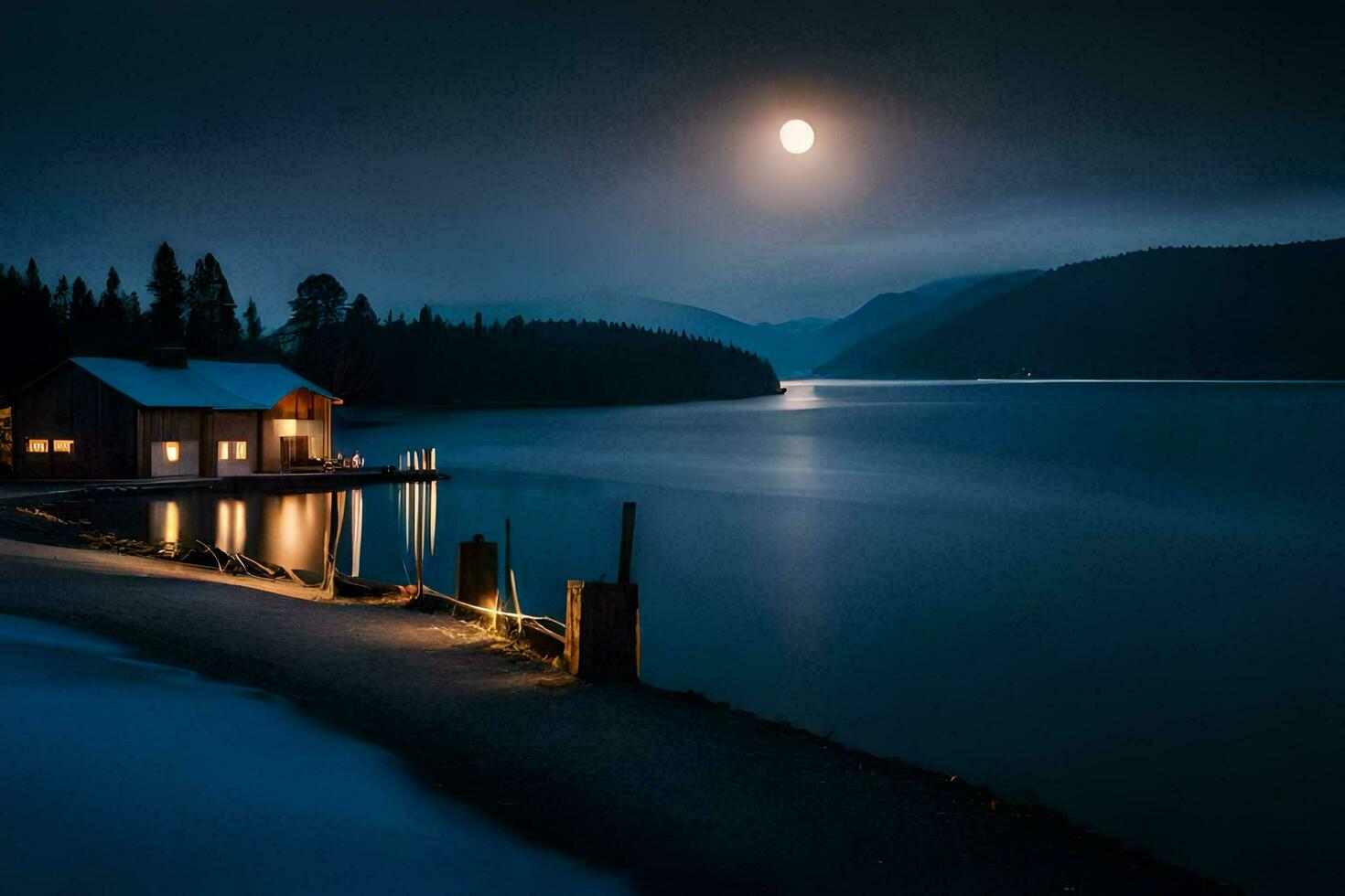 a cabin sits on the shore of a lake at night. AI-Generated photo