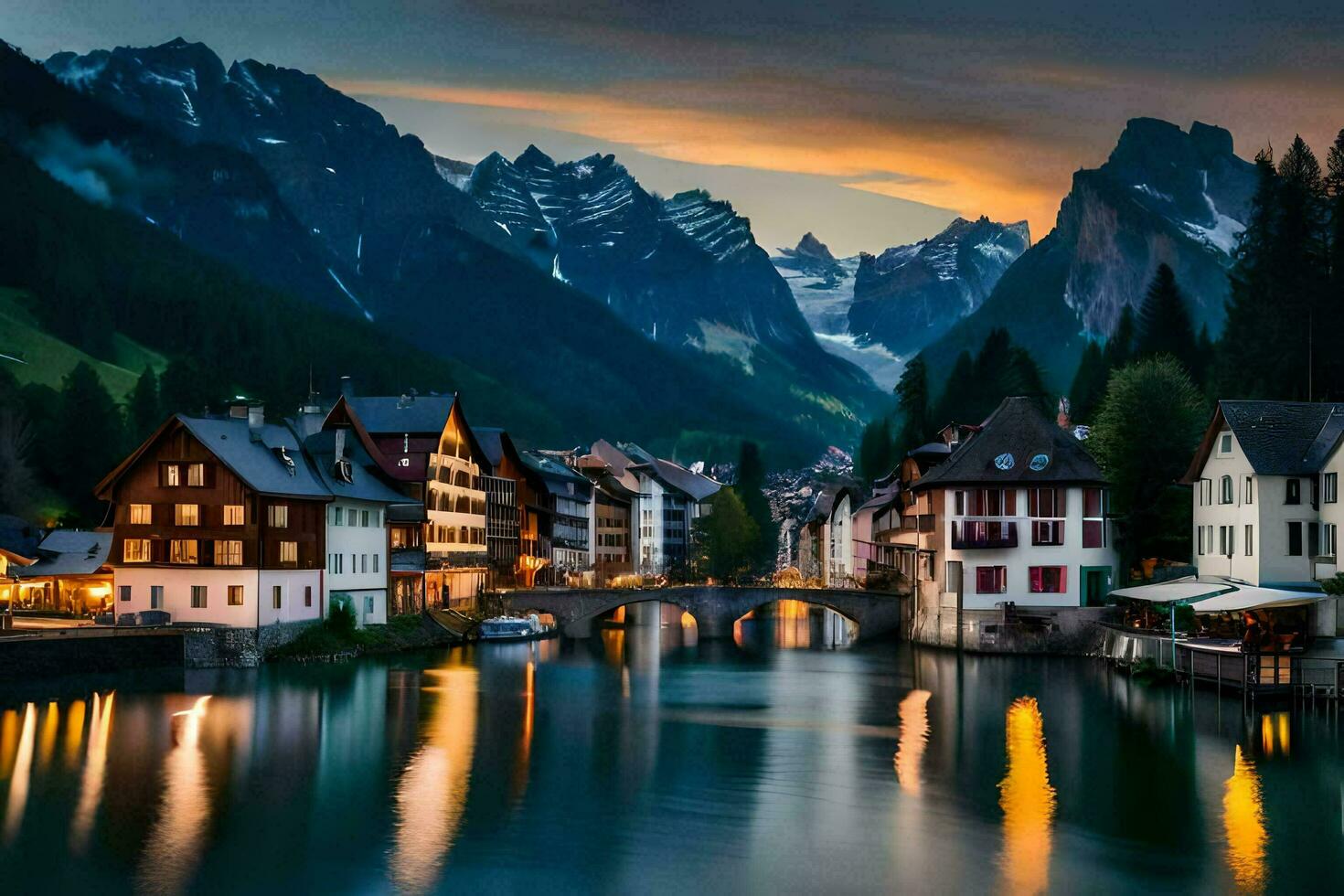 the beautiful town of switzerland at sunset. AI-Generated photo