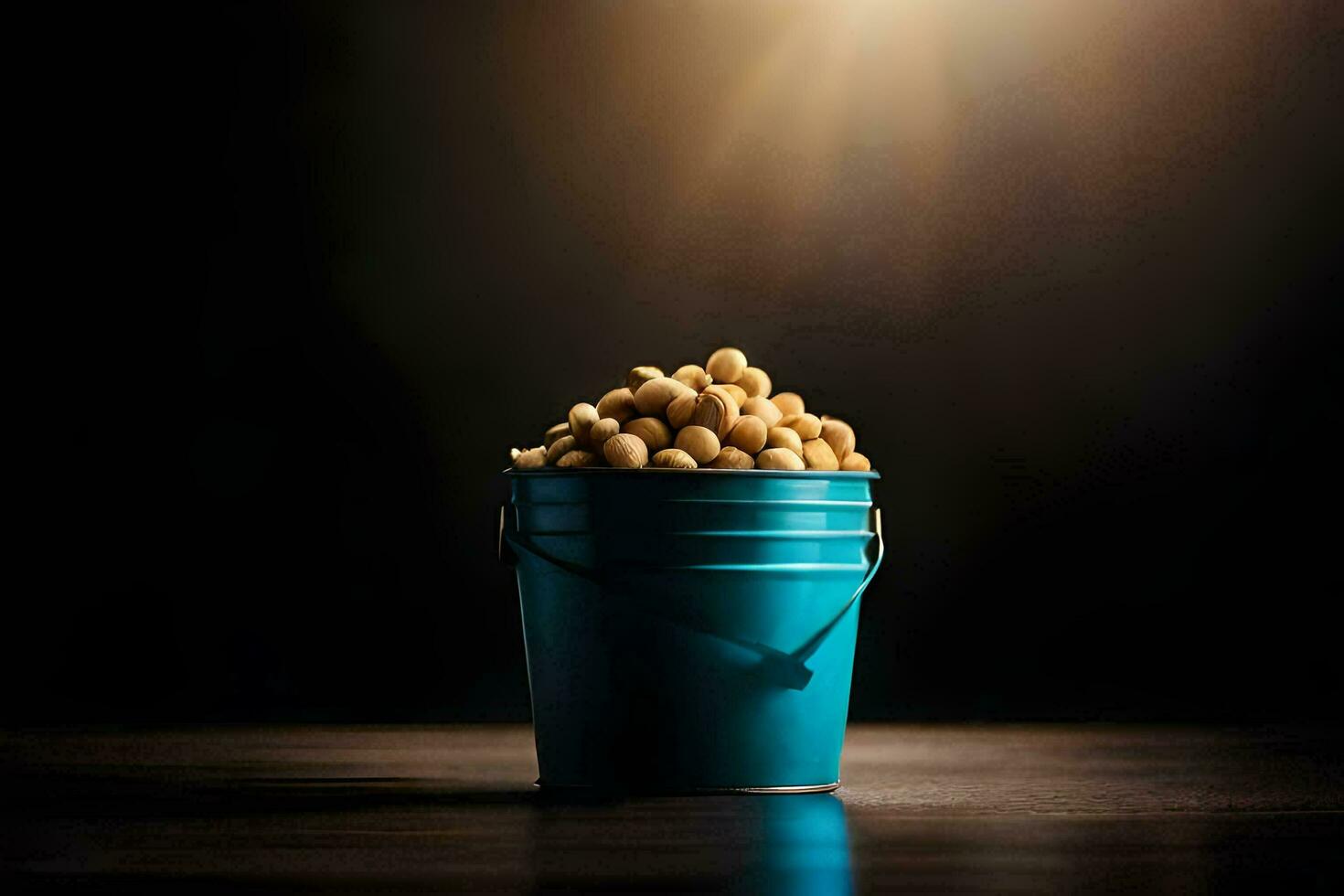 a bucket filled with peanuts on a dark table. AI-Generated photo