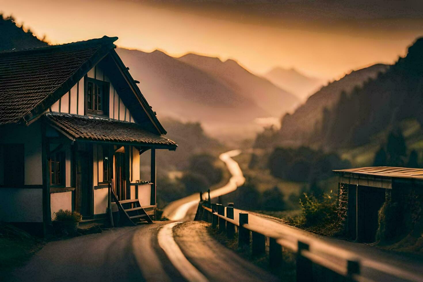 a house sits on a road in the mountains. AI-Generated photo