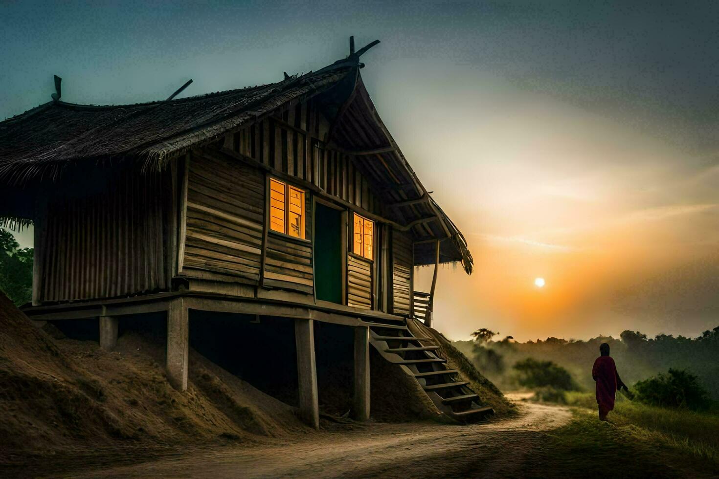 a man walks past a hut at sunset. AI-Generated photo