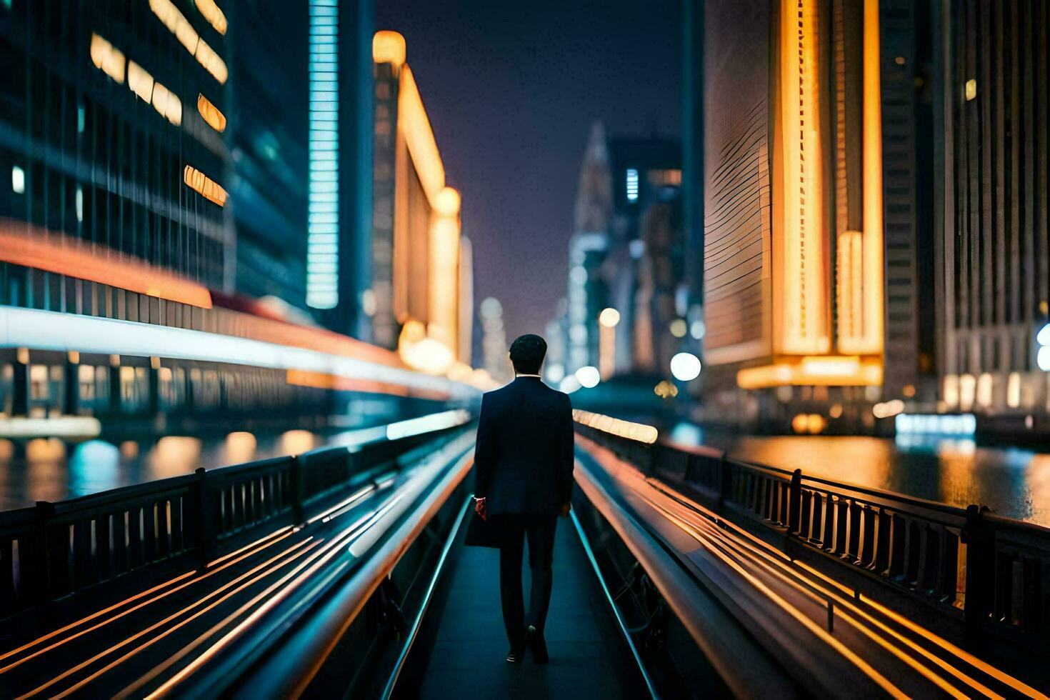 un hombre caminando abajo un ciudad calle a noche. generado por ai foto