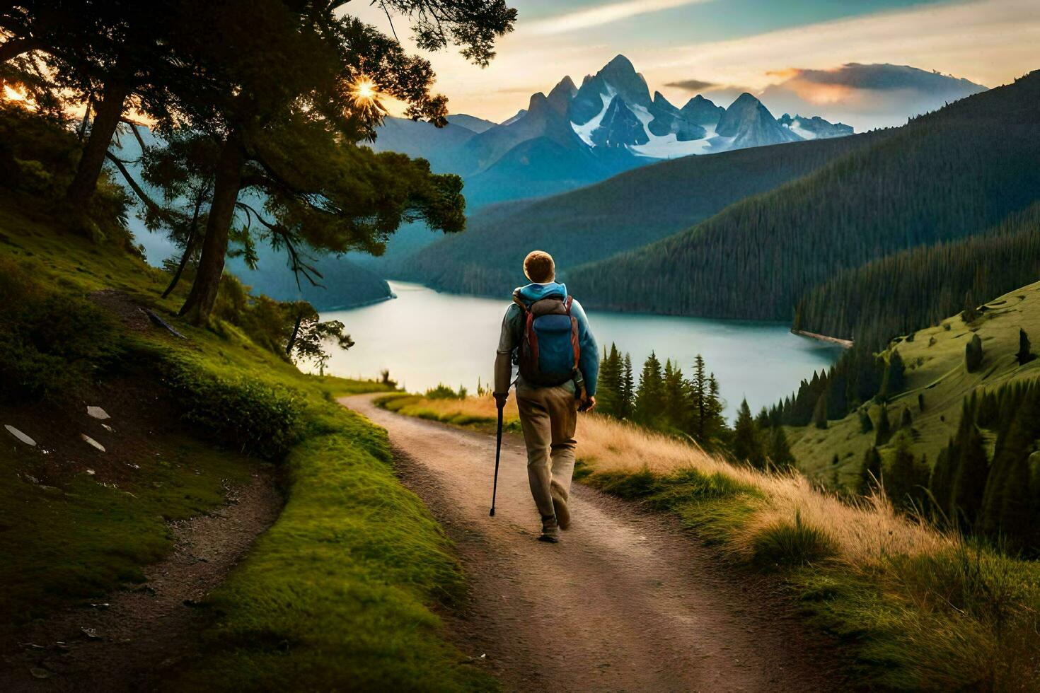 a man with a backpack walking down a path in the mountains. AI-Generated photo