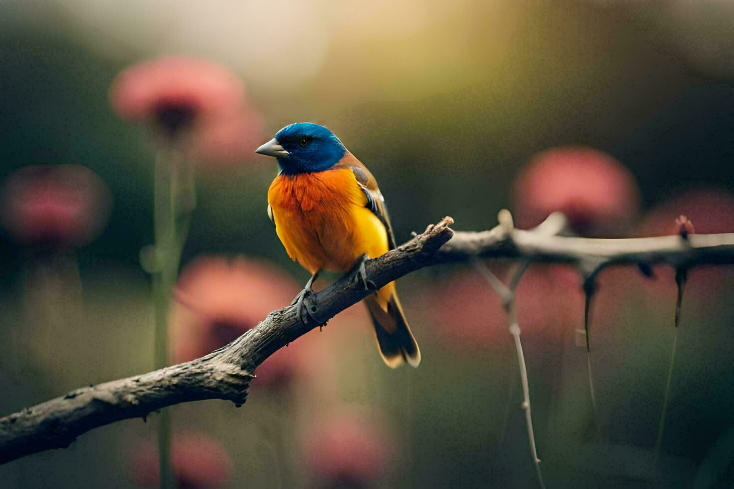 a colorful bird sits on a branch in front of pink flowers. AI-Generated photo