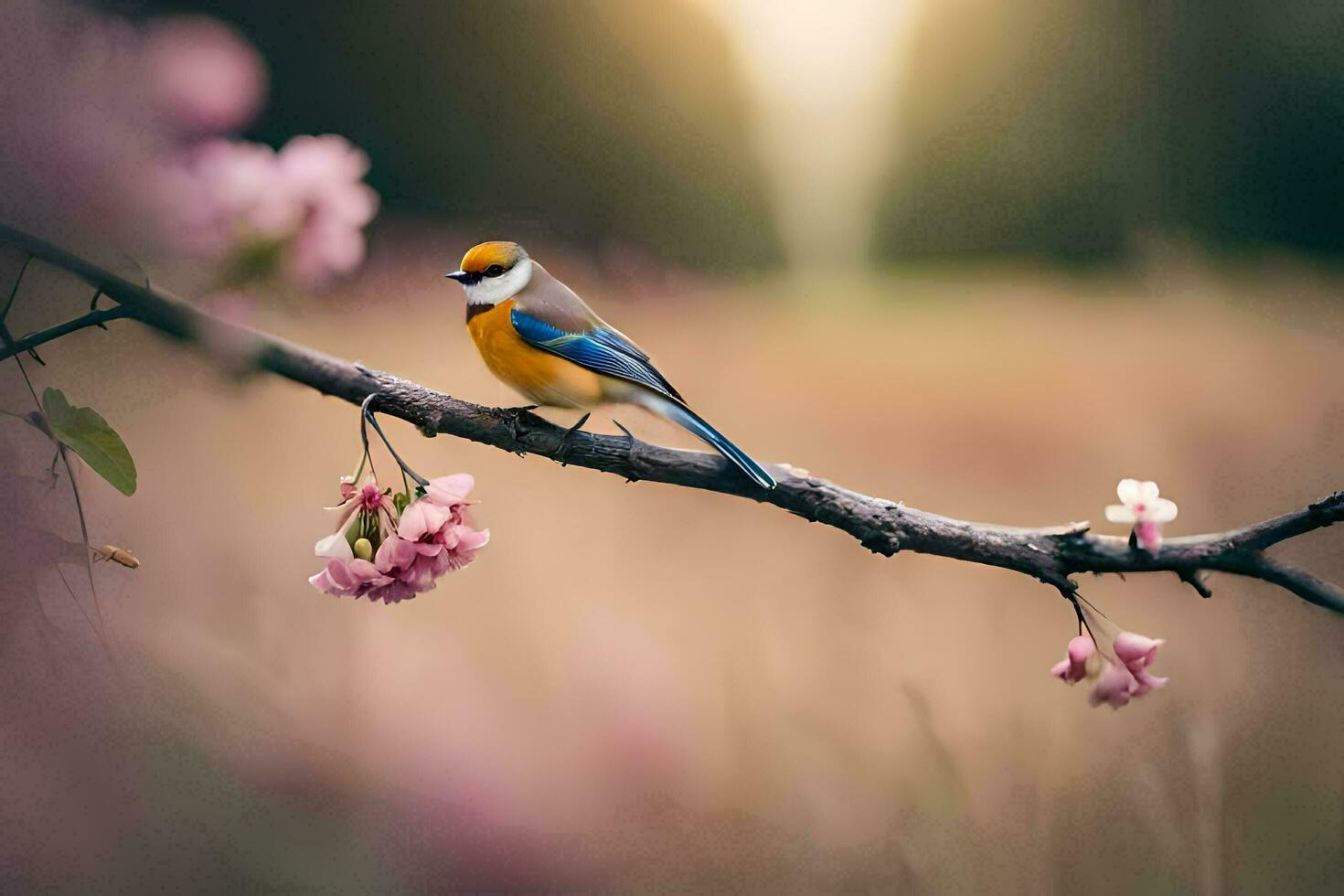 a bird sits on a branch in front of a pink flower. AI-Generated photo