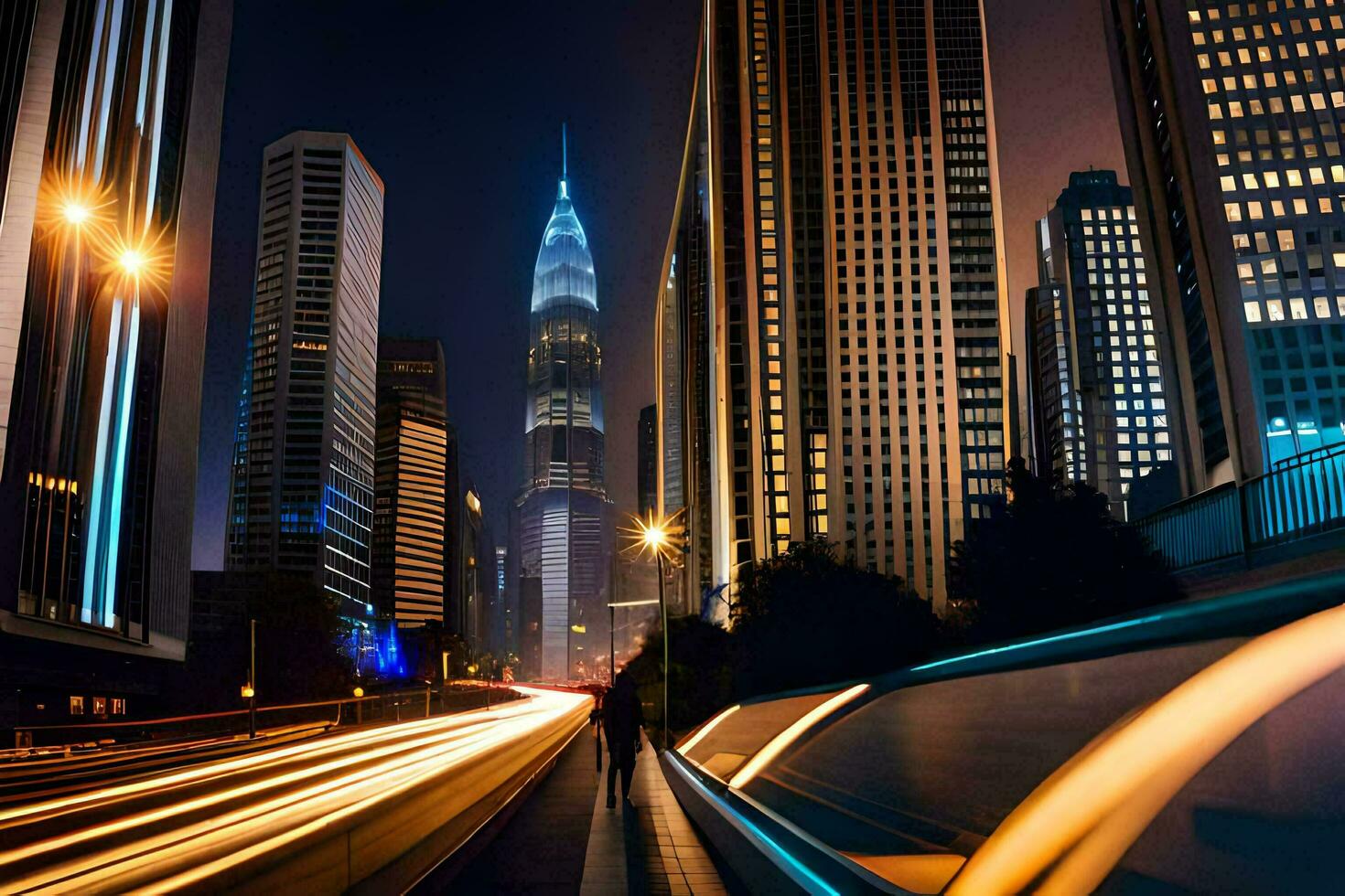 a city street at night with a tall building in the background. AI-Generated photo