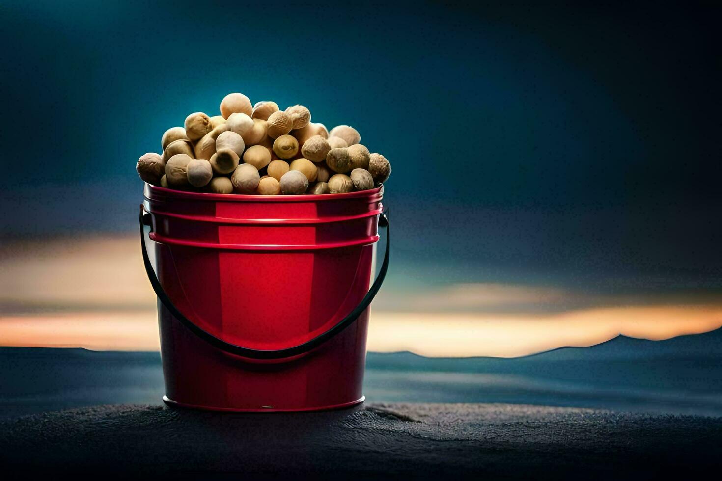 a red bucket filled with peanuts on a beach. AI-Generated photo