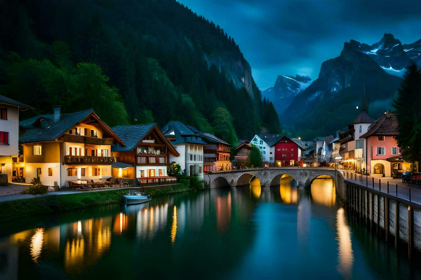 a river runs through a town at night. AI-Generated photo