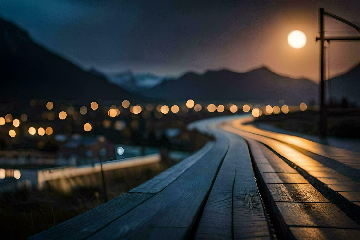 a long wooden walkway with lights in the background. AI-Generated photo