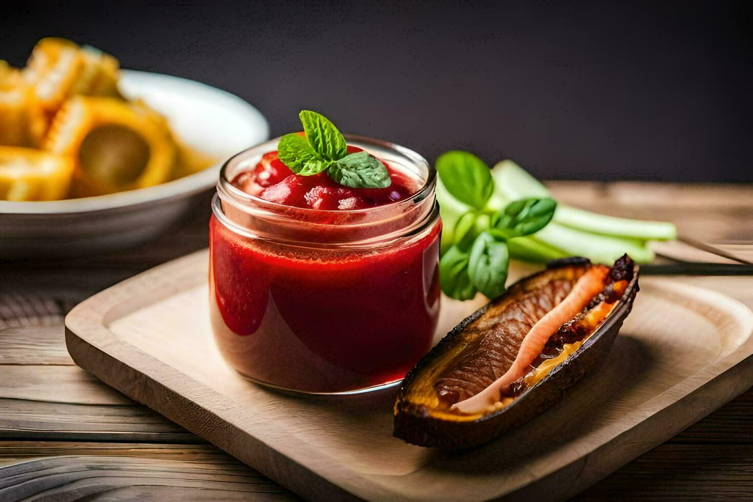 a jar of tomato sauce with a slice of cucumber and a piece of bread. AI-Generated photo