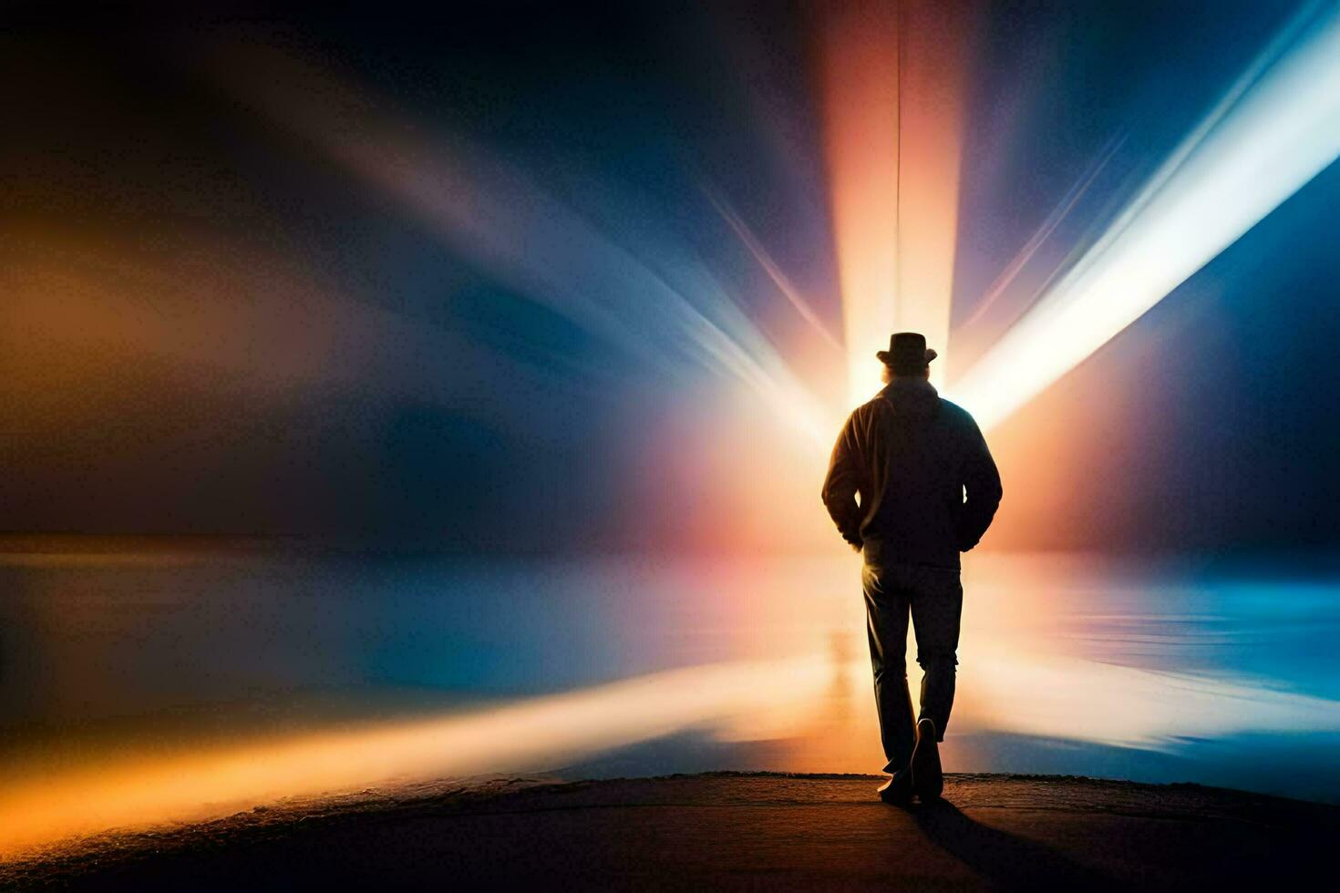 a man standing in front of a light beam. AI-Generated photo
