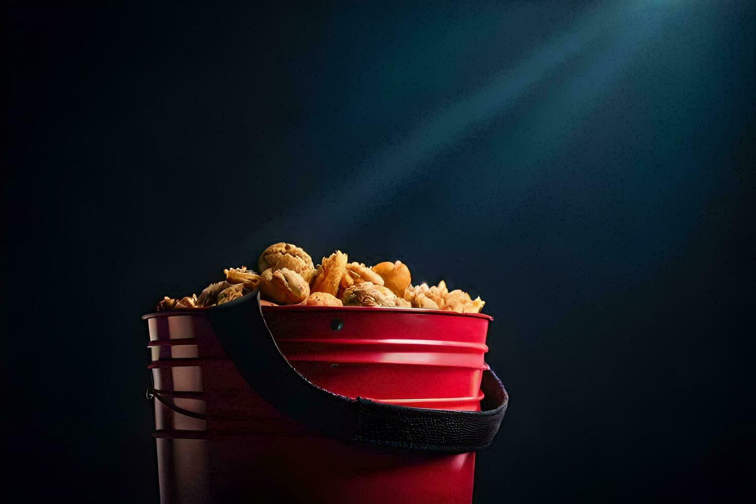 a bucket filled with popcorn on a dark background. AI-Generated photo