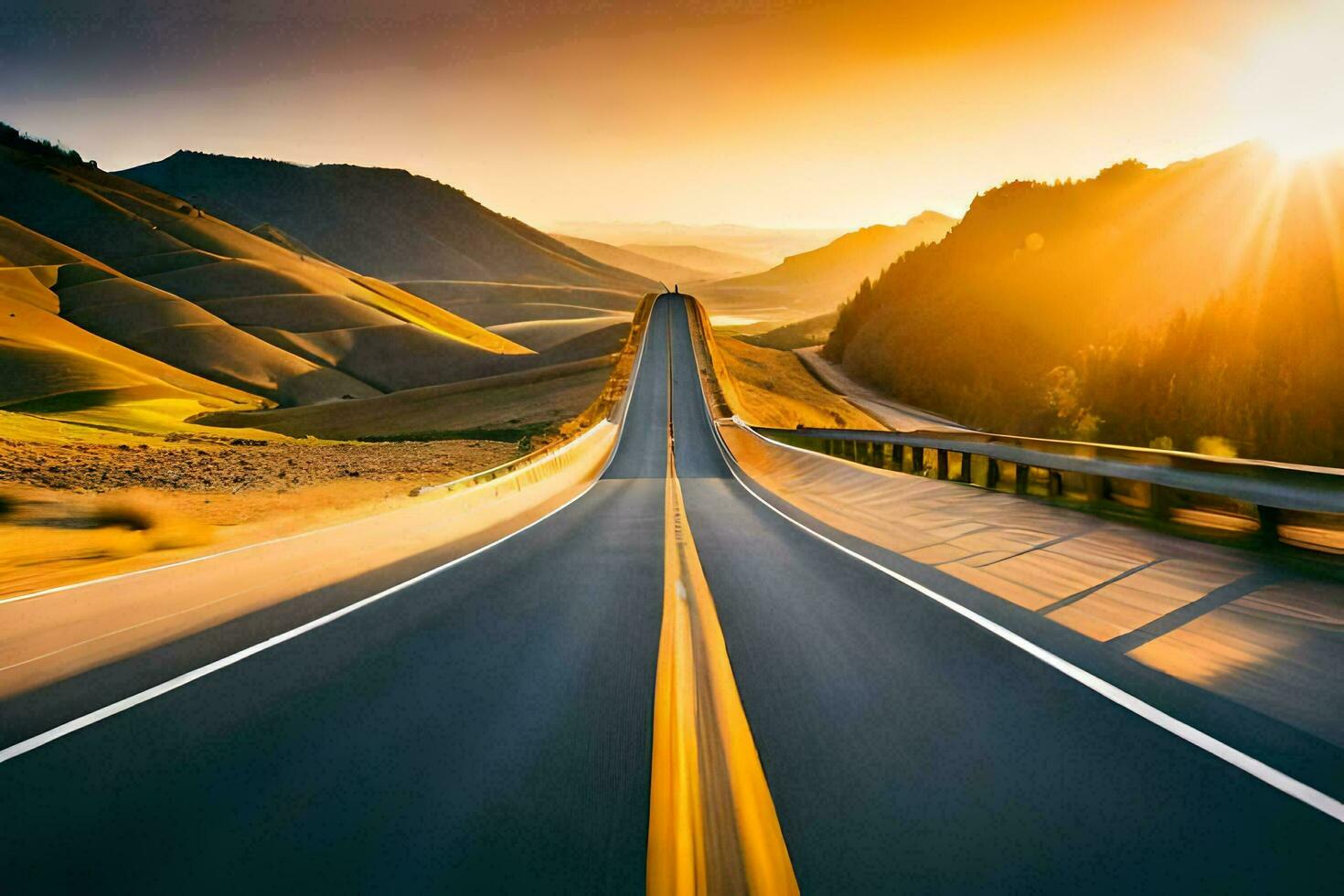 a highway with the sun setting behind it. AI-Generated photo