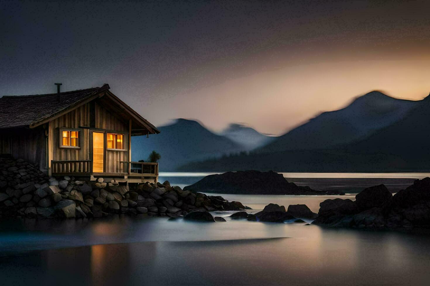 a small cabin sits on the rocks near the water. AI-Generated photo