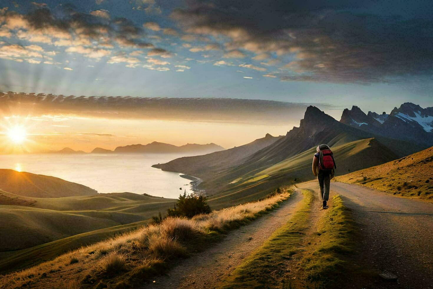 a man walks along a road in the mountains. AI-Generated photo