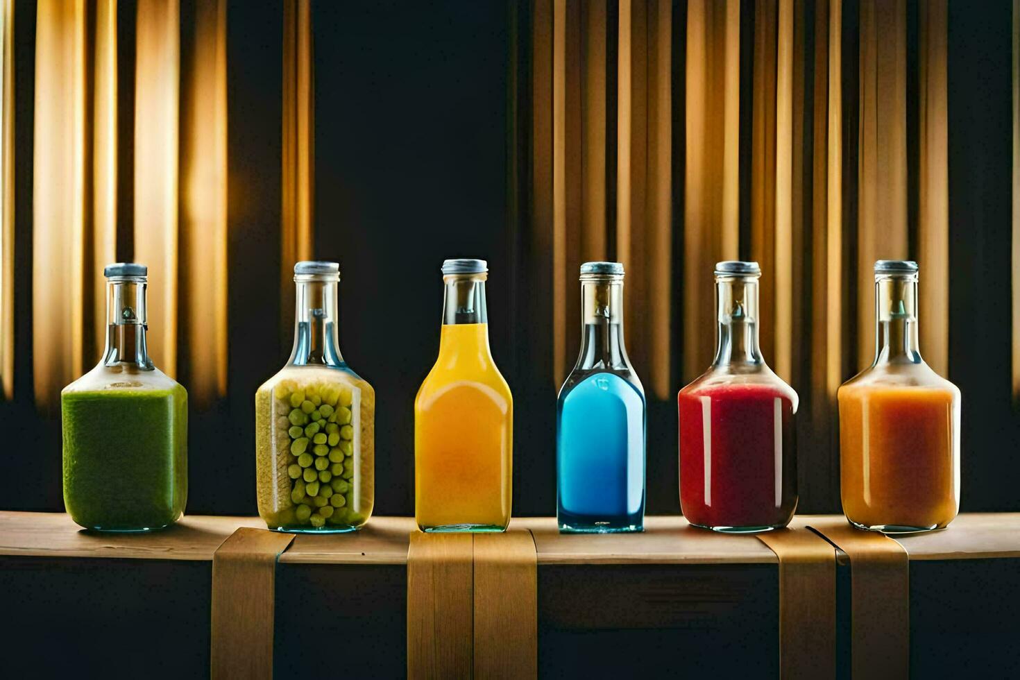 six bottles of different colored juices on a wooden table. AI-Generated photo