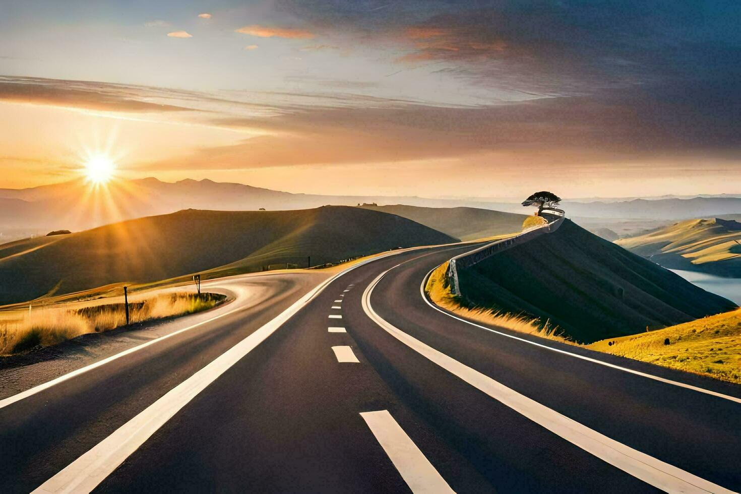 a long road with the sun setting behind it. AI-Generated photo