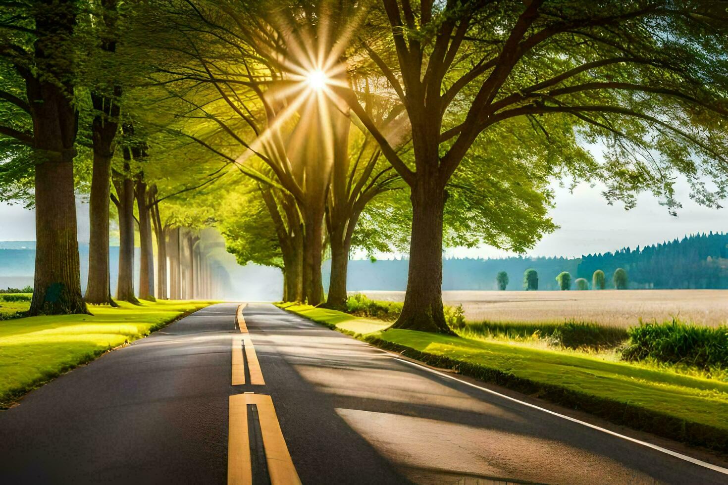 a road lined with trees and the sun shining through. AI-Generated photo