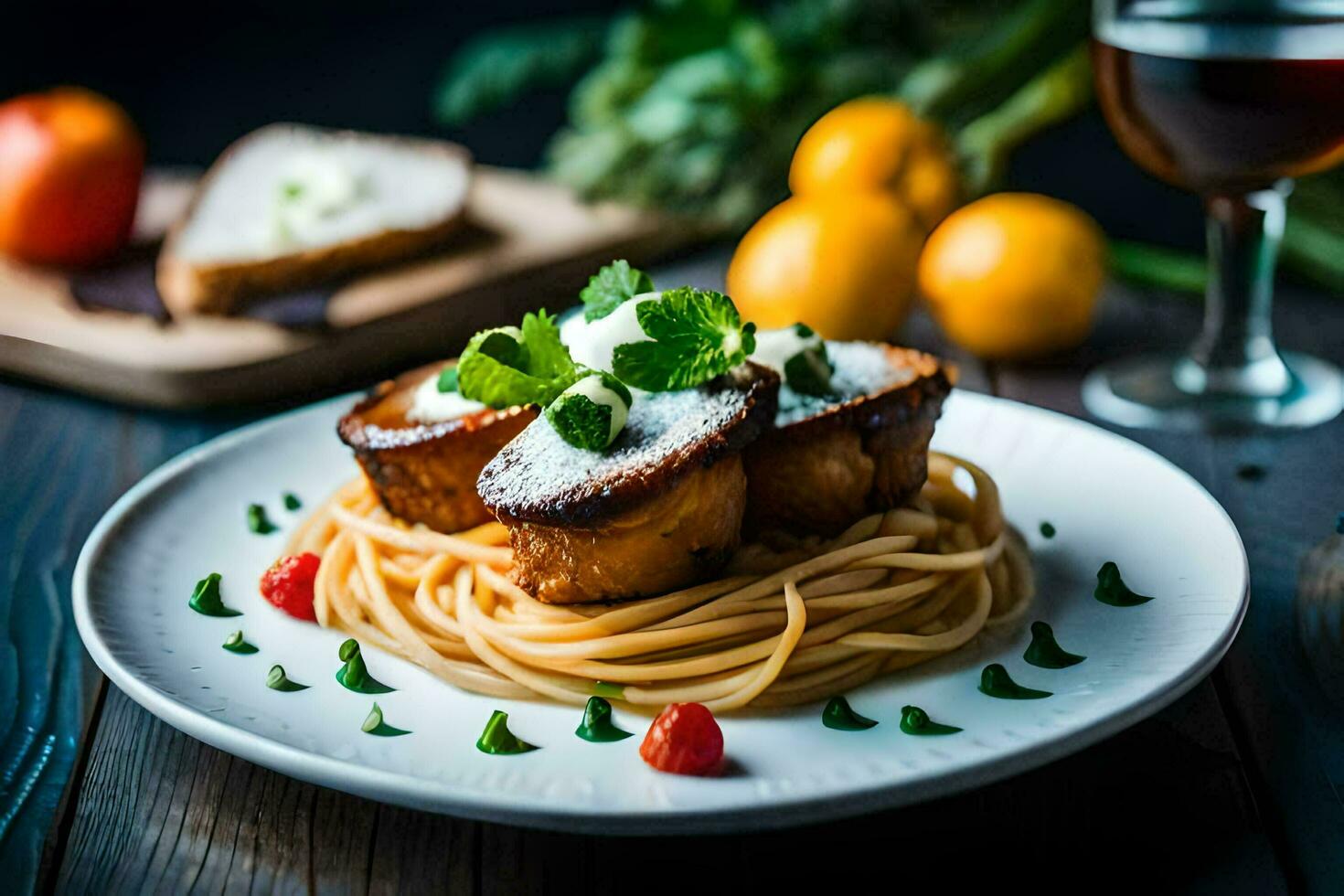 a plate of food with pasta and meat on it. AI-Generated photo