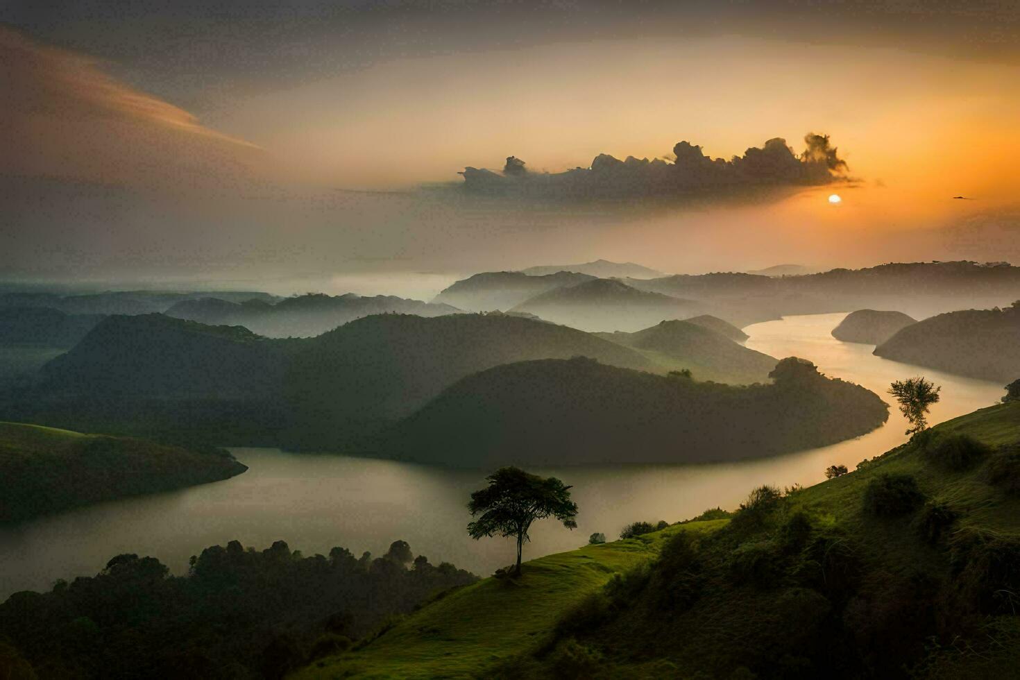 the sun rises over the mountains and the water. AI-Generated photo