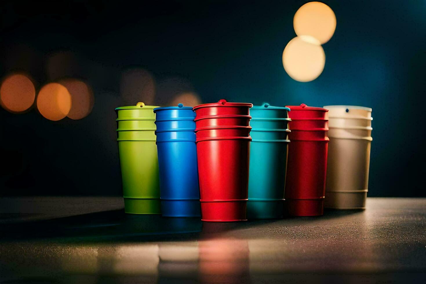 colorful plastic cups on a dark table. AI-Generated photo