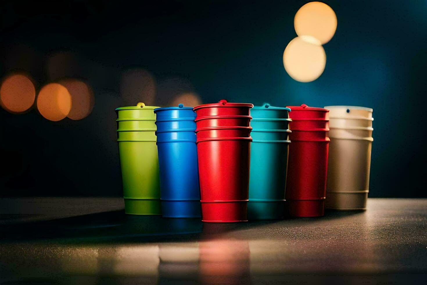 colorful plastic cups on a dark table. AI-Generated photo