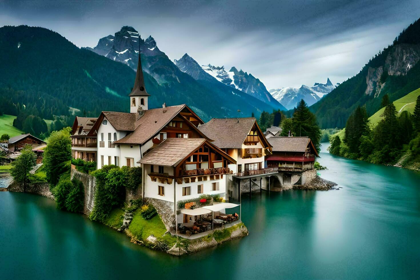 photo wallpaper mountains, the sky, water, house, lake, house, the mountains, house. AI-Generated