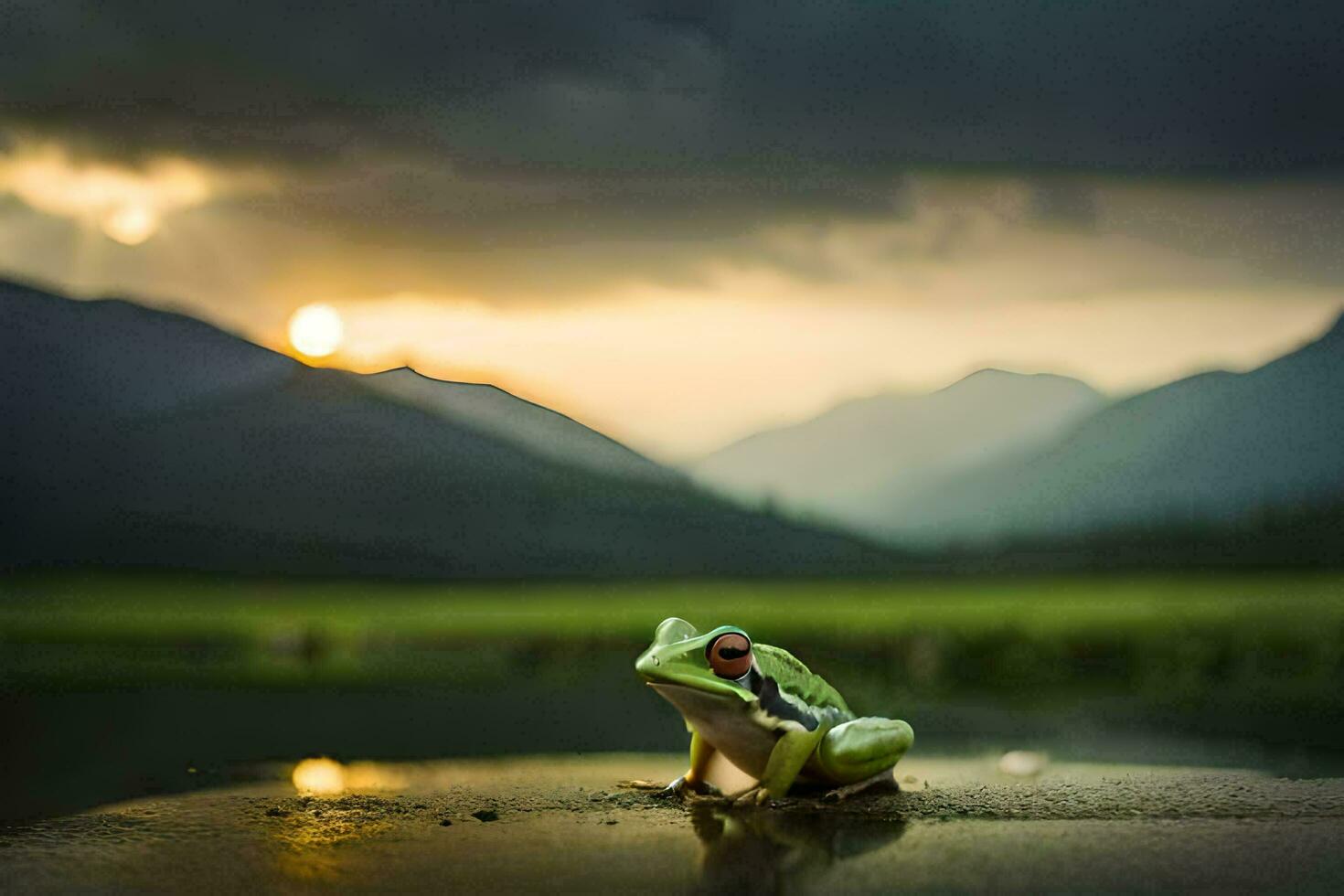 a frog sitting on the edge of a lake at sunset. AI-Generated photo