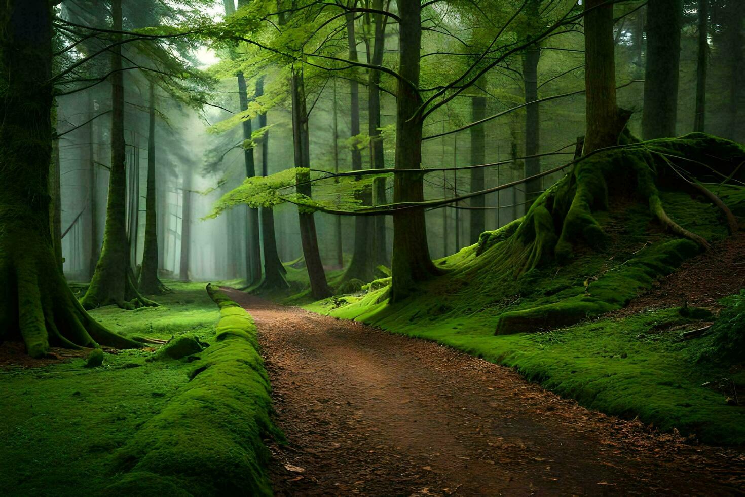 a path through a green forest with trees and moss. AI-Generated photo