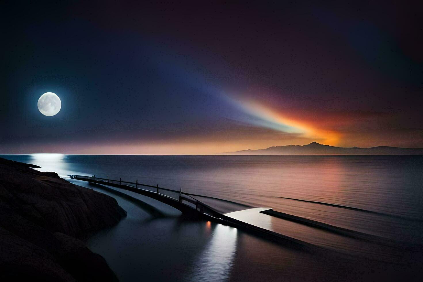 a long exposure photo of the moon over the ocean. AI-Generated