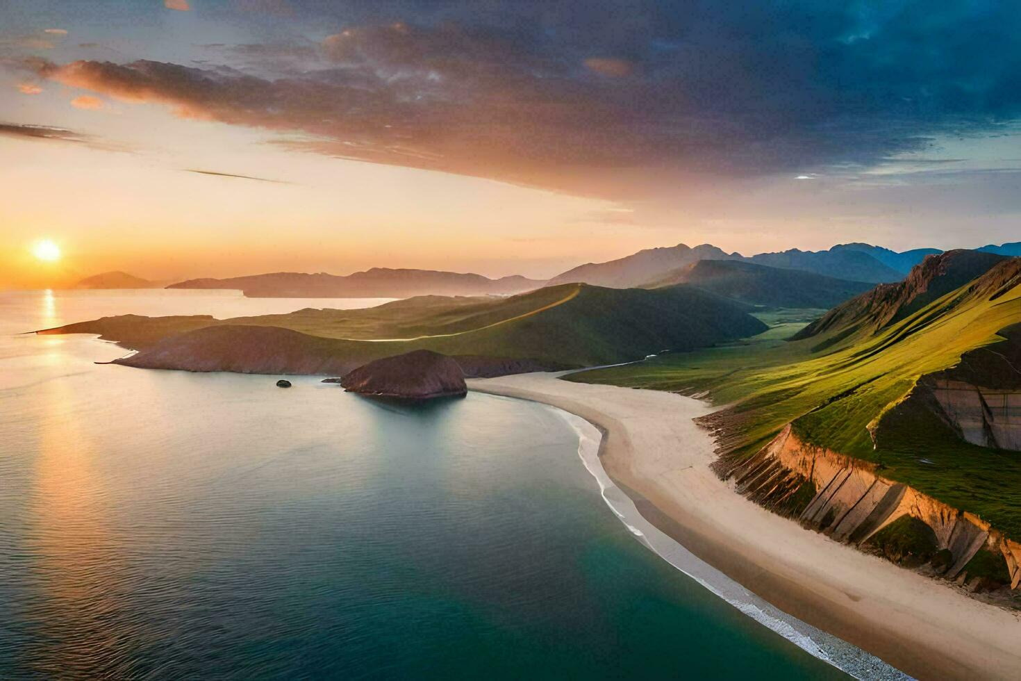 the sun sets over a beach and mountains. AI-Generated photo