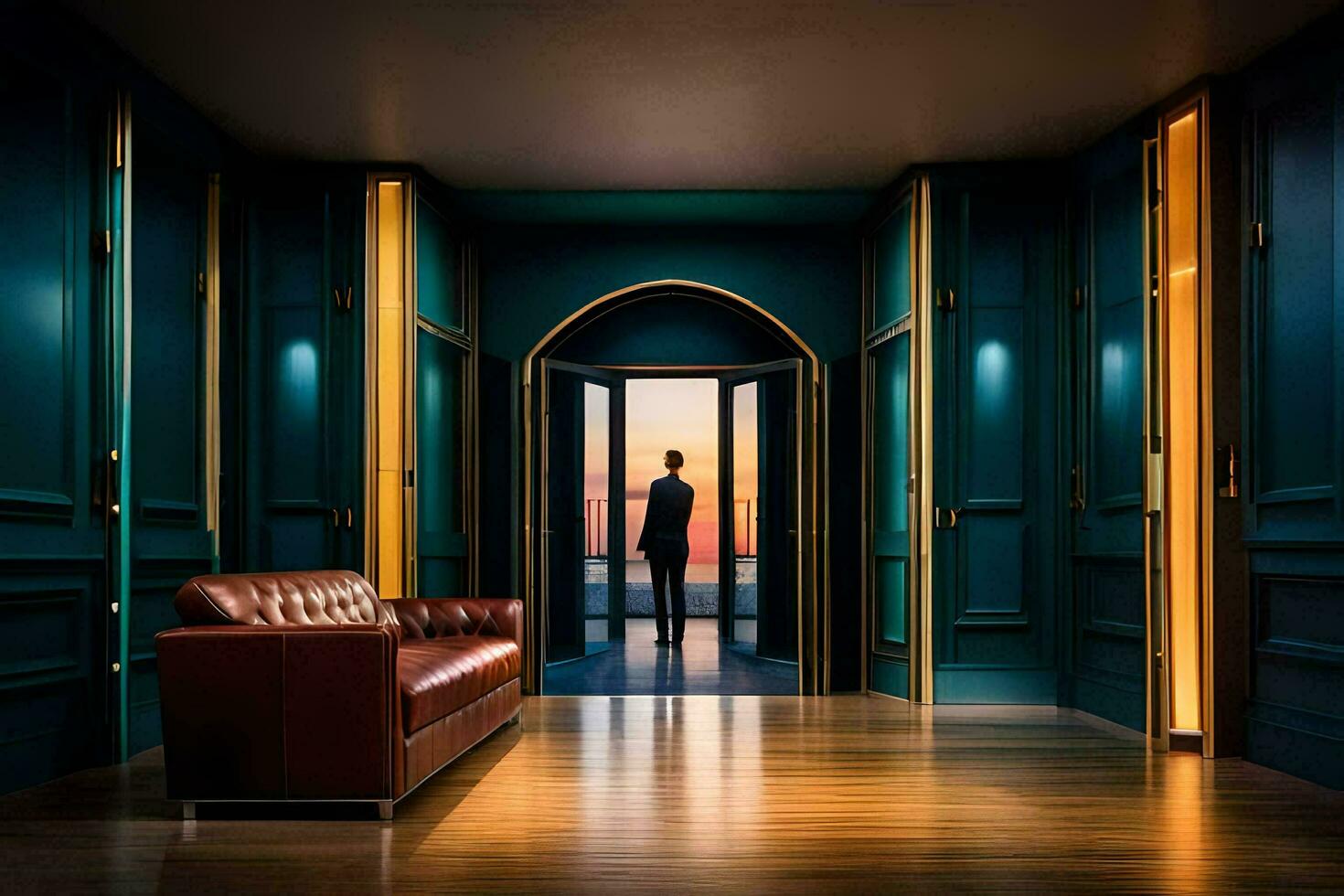 a man stands in the doorway of a room with a blue wall and wooden floor. AI-Generated photo