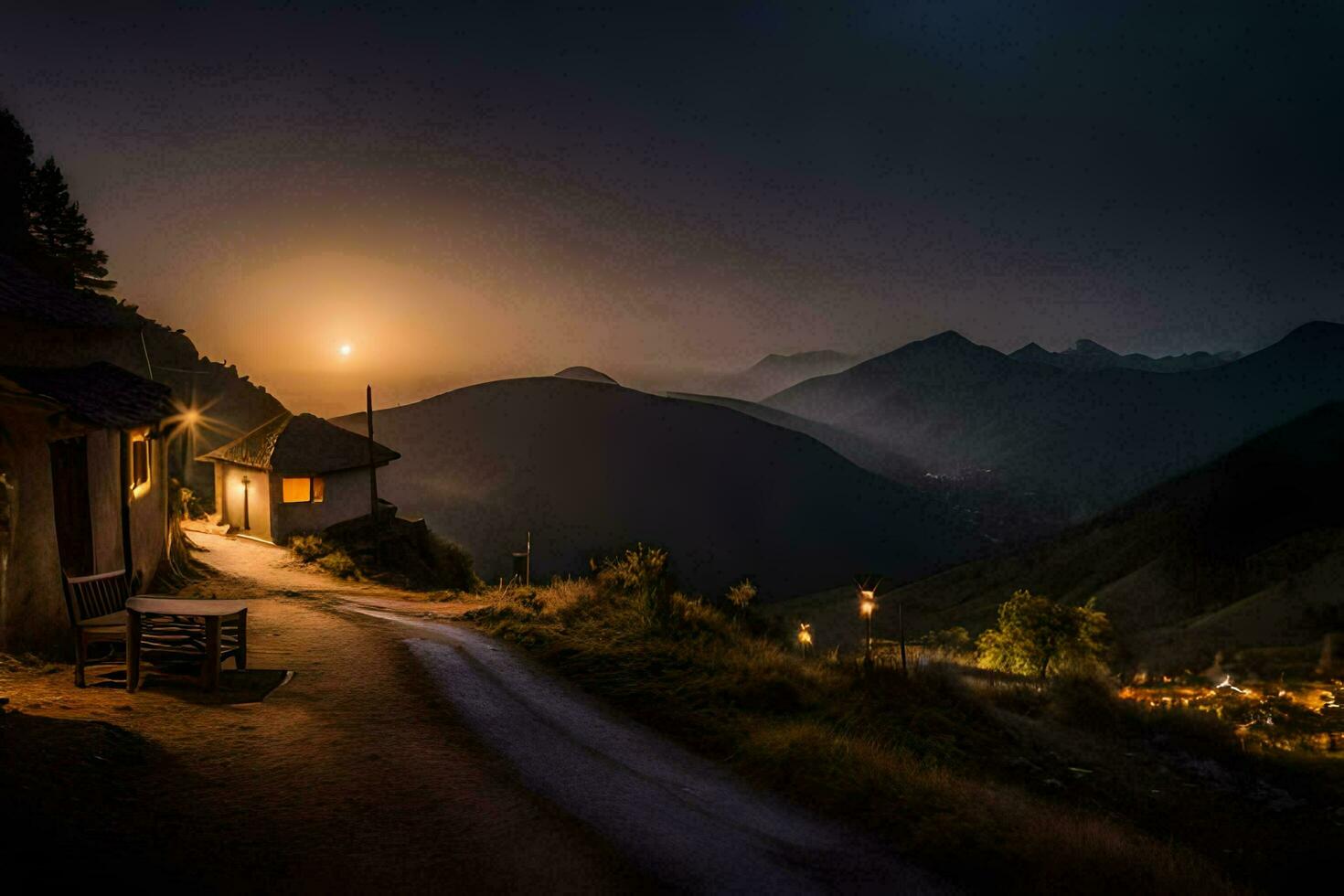 un la carretera líder a un pequeño pueblo a noche. generado por ai foto