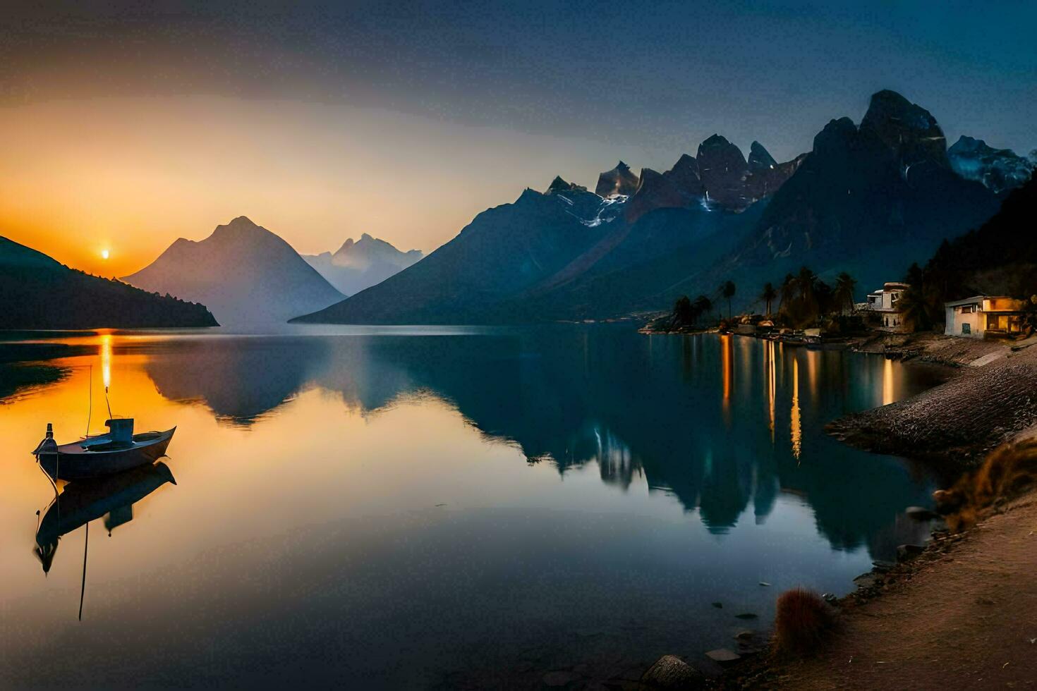 a boat sits on the shore of a lake at sunset. AI-Generated photo