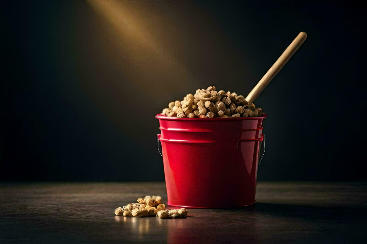 a bucket filled with popcorn and a wooden spoon. AI-Generated photo