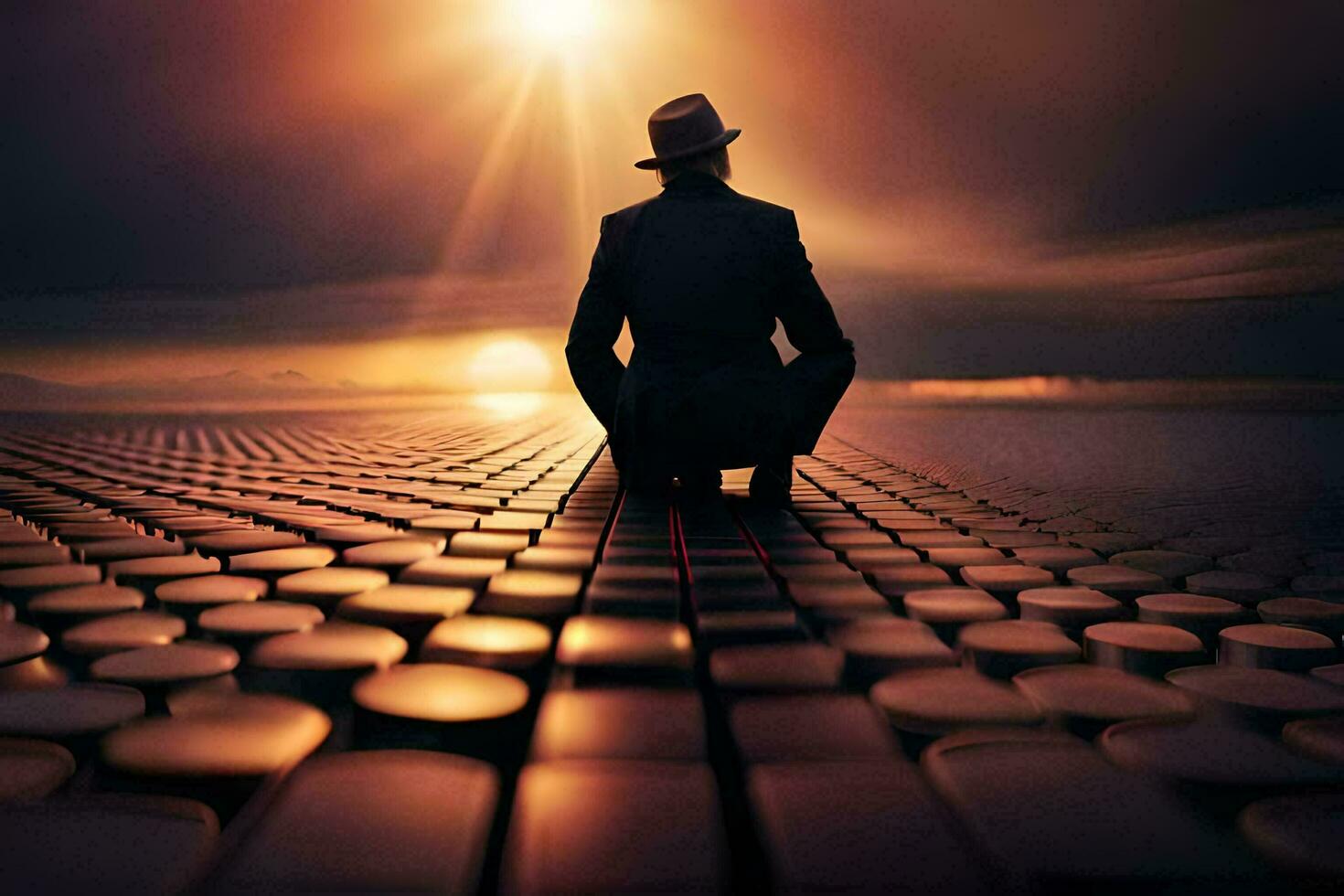 a man in a hat sits on a brick road. AI-Generated photo