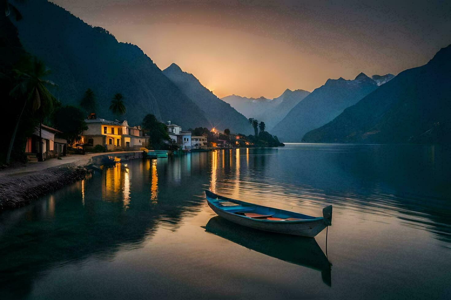 a boat sits on the water in front of a mountain. AI-Generated photo