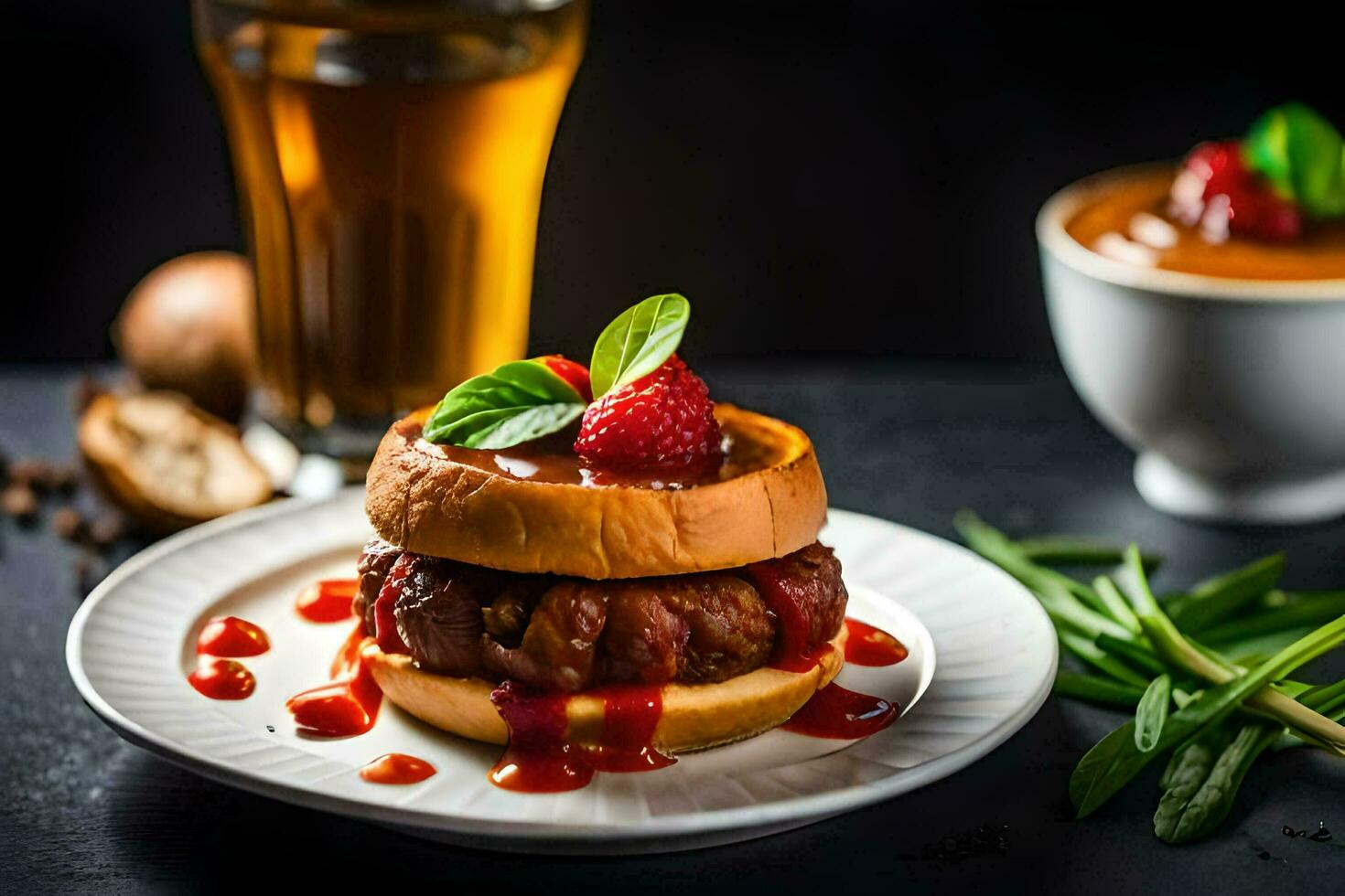 un hamburguesa con fresa salsa y un vaso de cerveza. generado por ai foto