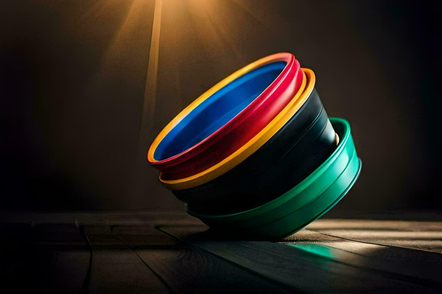 a stack of colorful plastic bowls on a wooden floor. AI-Generated photo