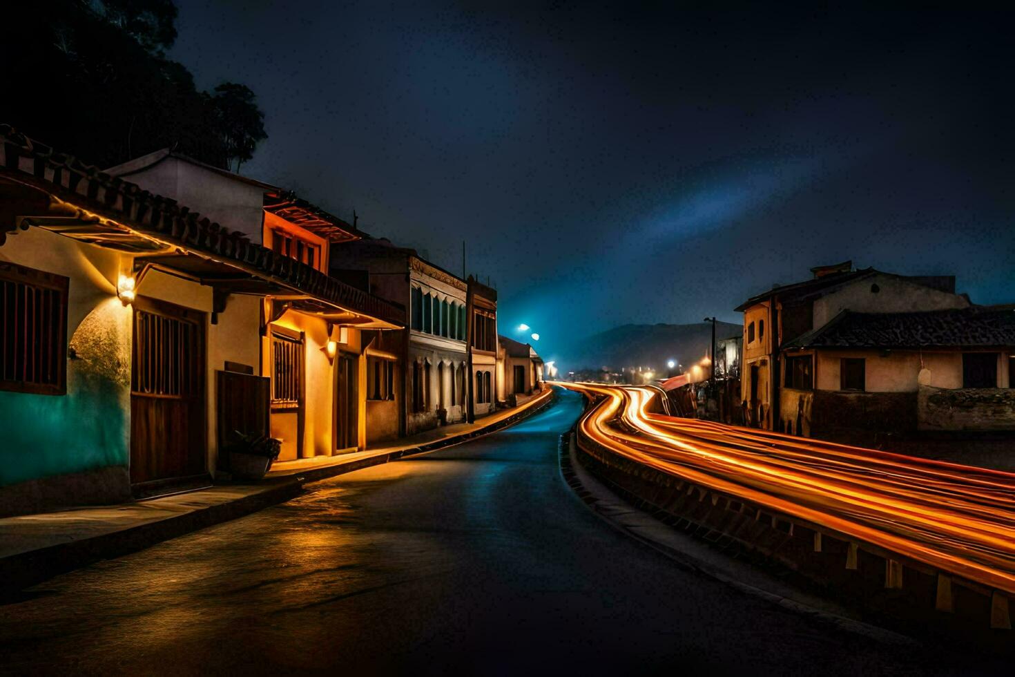 a street at night with light trails. AI-Generated photo