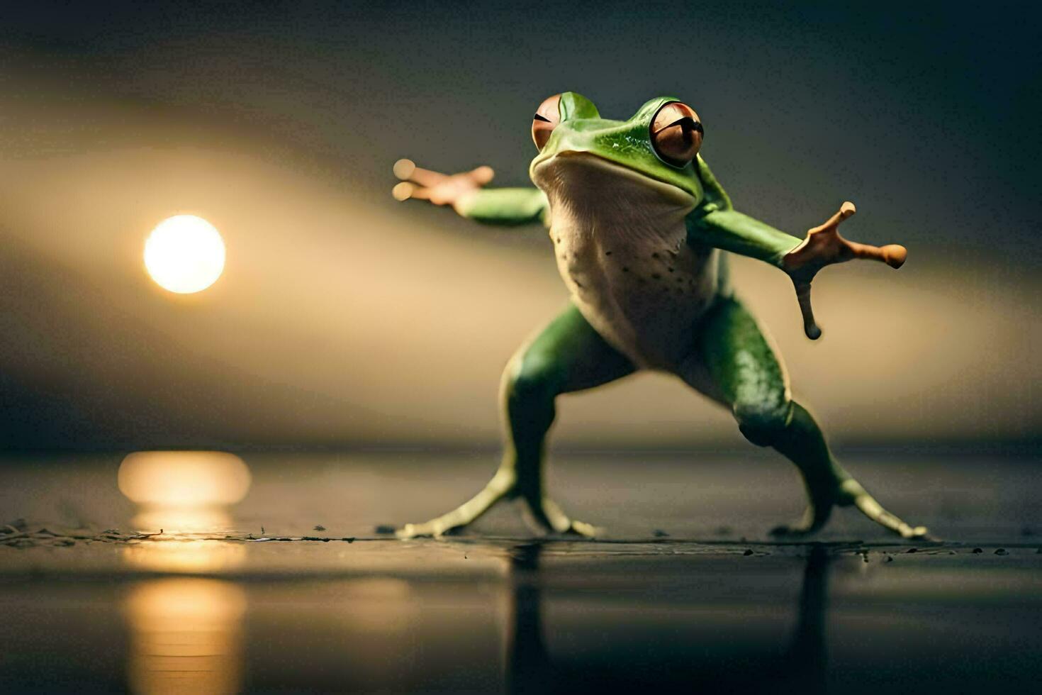 a frog is standing on its hind legs with its arms outstretched. AI-Generated photo