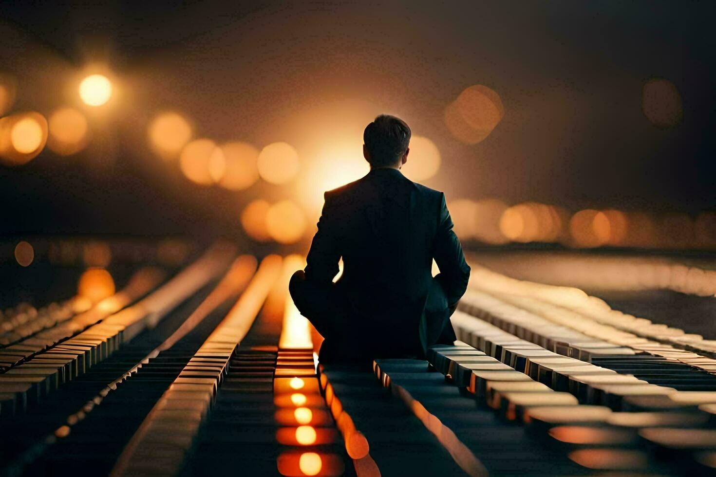 a man sitting on a train track at night. AI-Generated photo