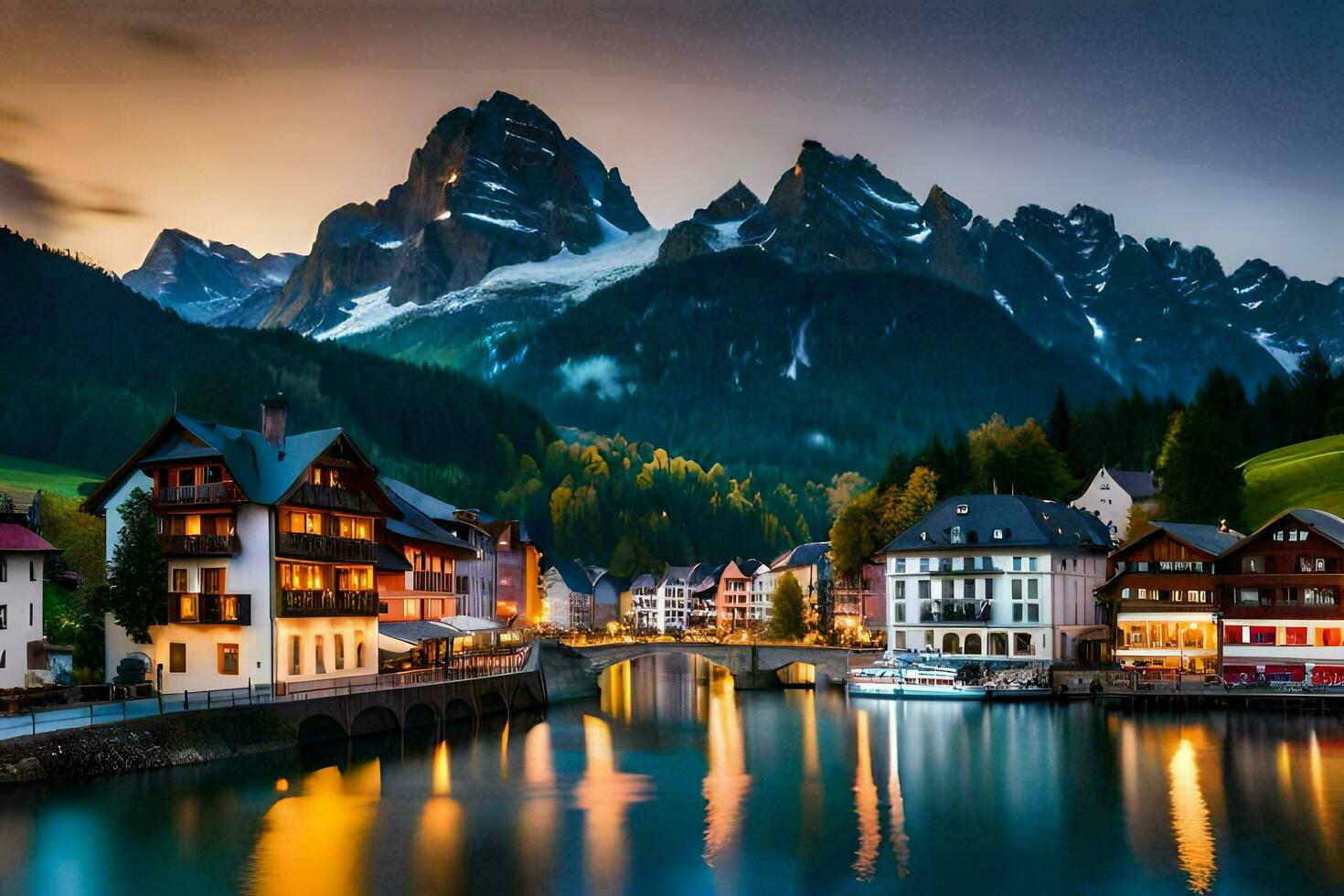 photo wallpaper mountains, water, town, lake, switzerland, alps, switzerland,. AI-Generated