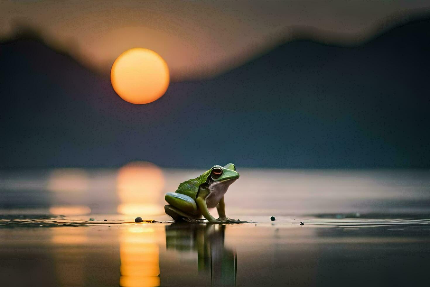 a frog sitting on the water at sunset. AI-Generated photo